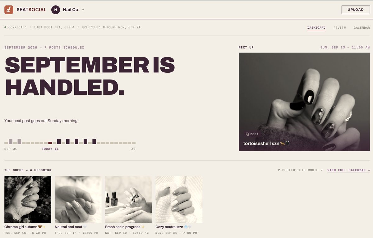The SeatSocial owner dashboard: September 2026, seven posts scheduled, with the next post and the month's schedule.